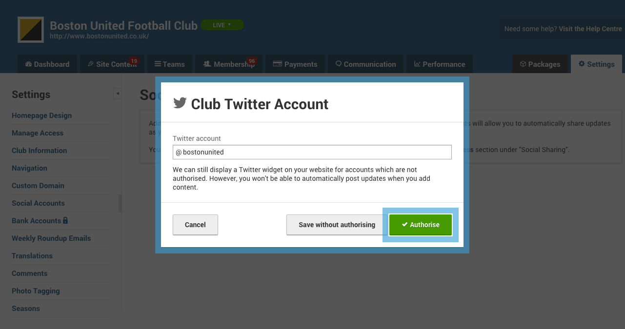 Twitter - Social Accounts - Settings - Club Website - User Guides