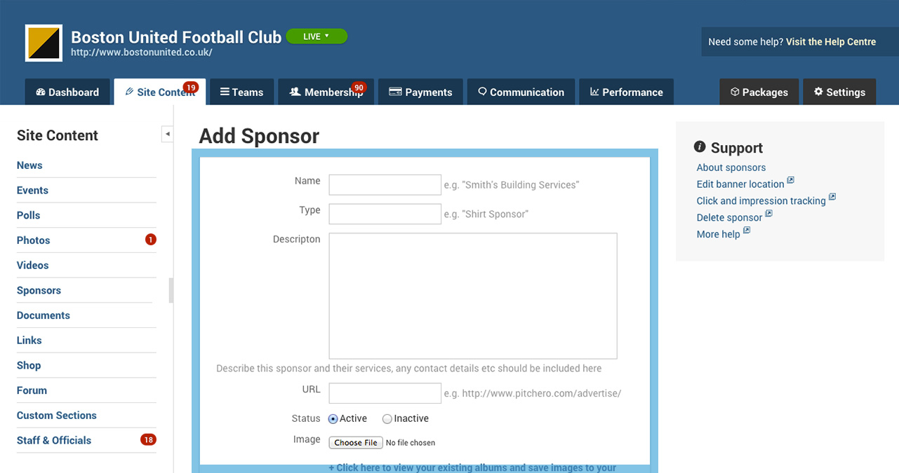 Sponsor Banners Sponsors Site Content Club Website User