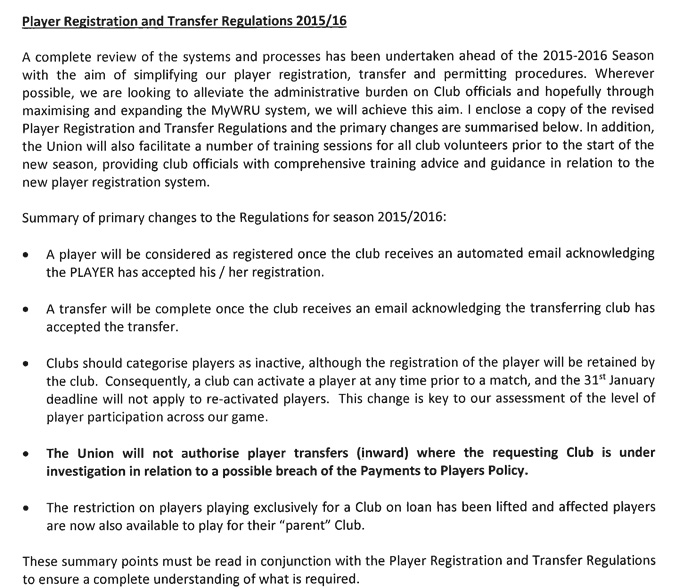 North Wales RUC News WRU Player Registration and Transfer