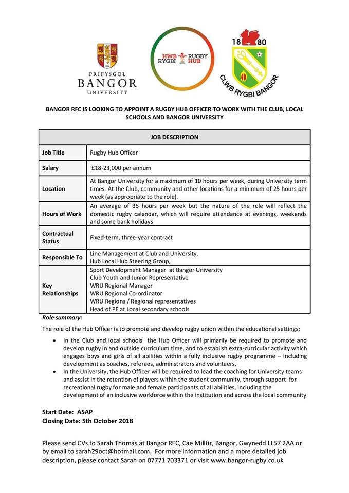 North Wales RUC News Job Vacancy Hub Officer at Bangor RFC
