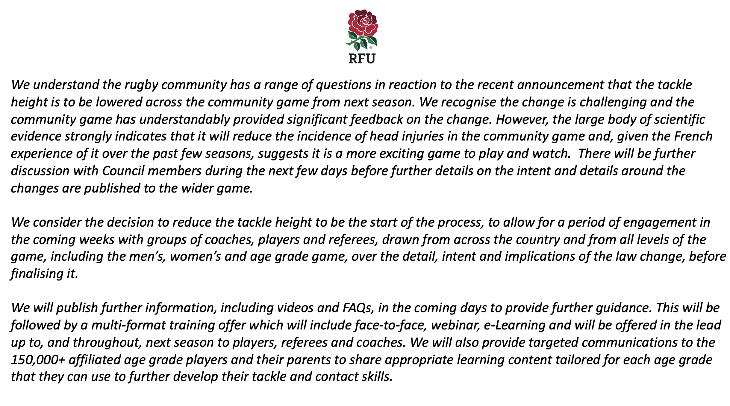 Yorkshire RFU News Latest from RFU on the proposed tackle height change
